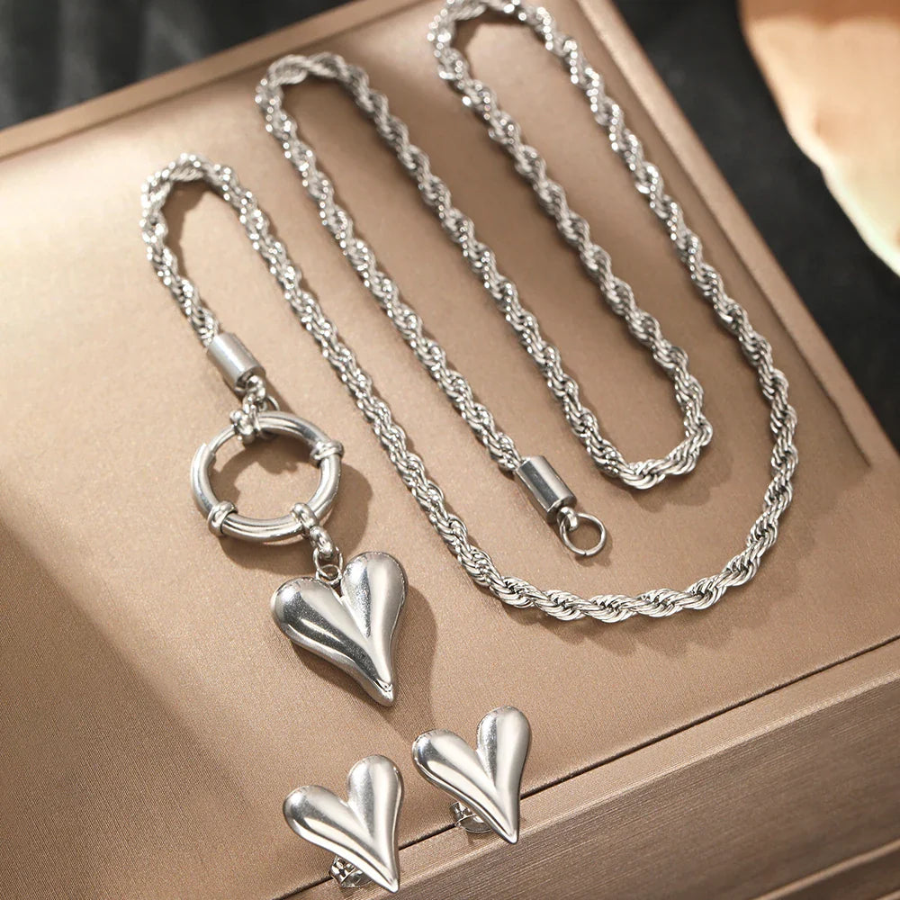 Norvo | Reimkjede Ankerlås Hjerte Halskjede og Øredobbssett
