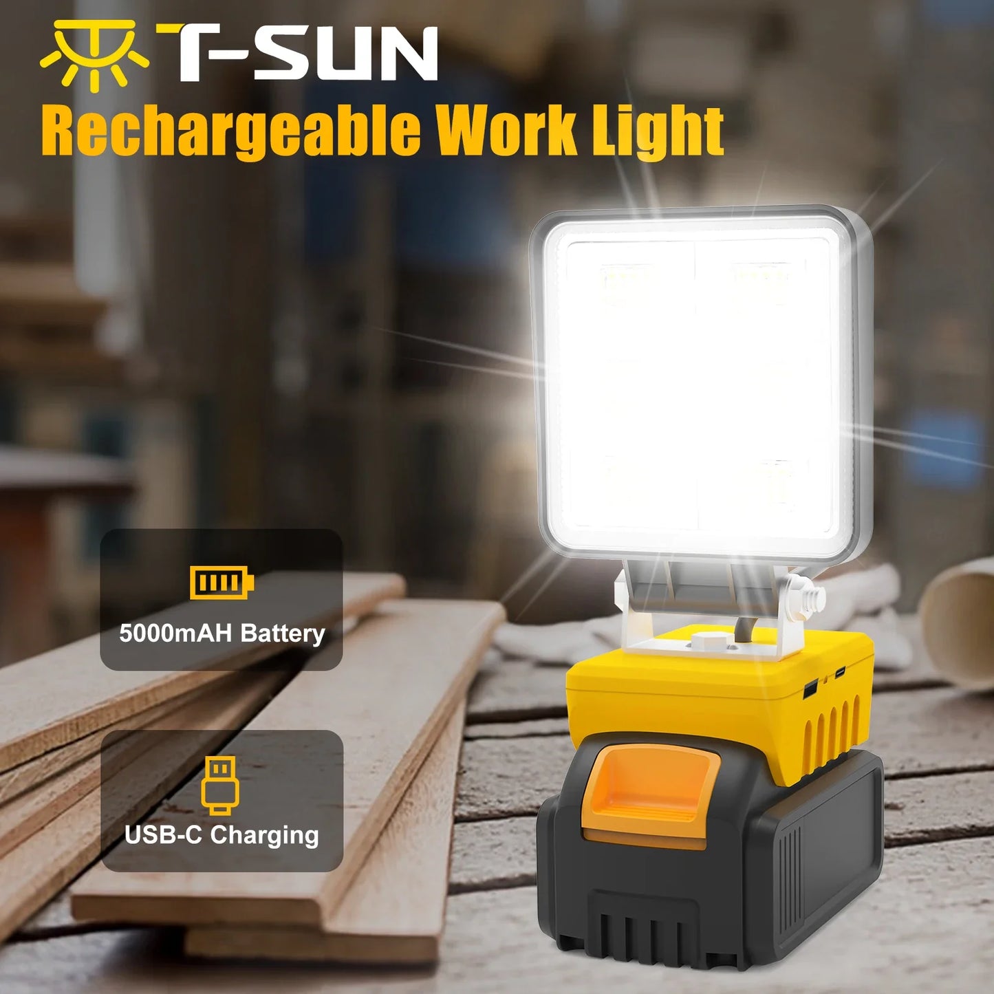 Norvo | PowerLuma 48 LED Arbeidslys | 48W Batterikonstruksjonsspotlight | 5200 Lumen | USB-C Laderport | For DeWalt Batterier (uten batteri)