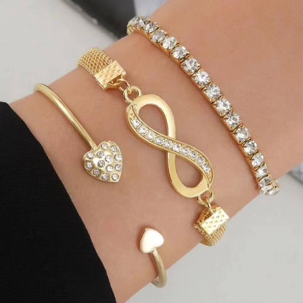 Norvo | Elegant Rhinestone Heart & Infinite Bracelet Set for Women - 3 Pieces