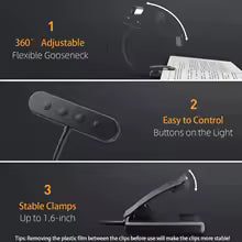 Norvo | Leselampe FlexiRead | USB oppladbar | 3 lysfarger & dimbar | Klem & fleksibel arm