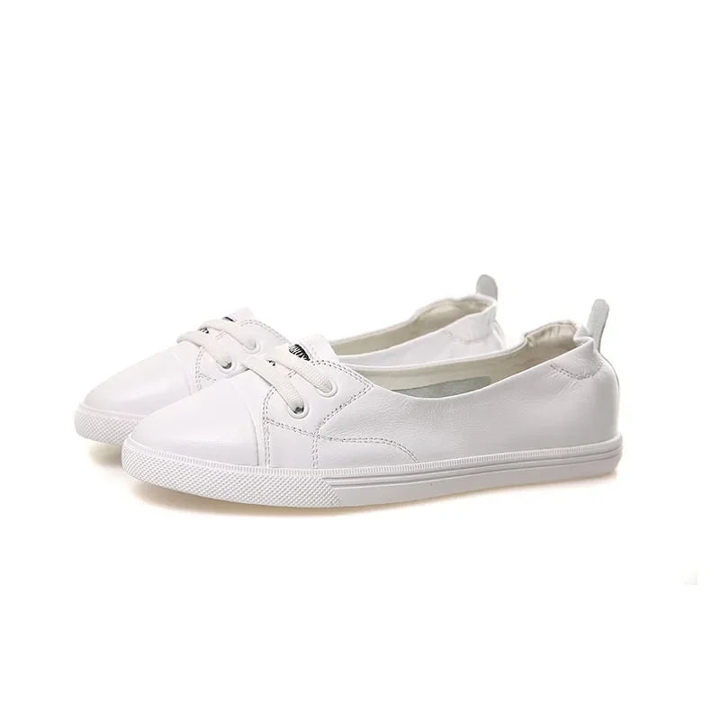 Norvo | 100% Ekte Lær Sko Kvinner Flate Casual Sko Myk Ku skinn Hvite Flats
