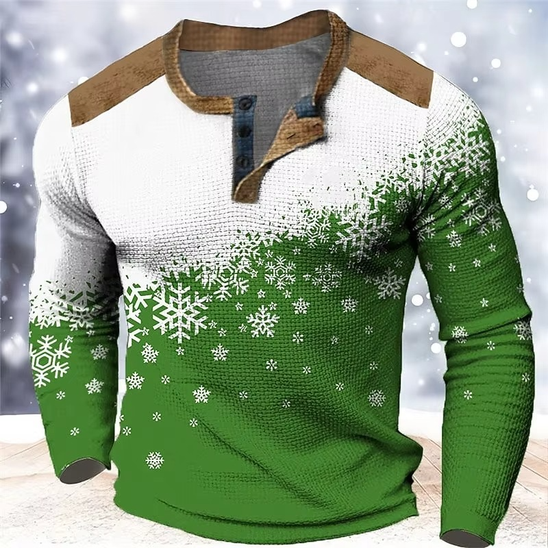 Norvo | Christmas Snøfnugg Gradient 3D Print Henley Skjorte for Menn