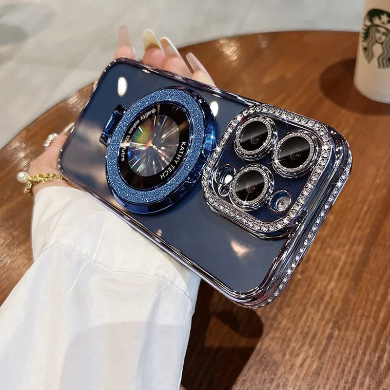 Luksus MagSafe Glitter Bling Belteveske med Ring Holder Stativ for iPhone 16 ProMax 15 11 12 13 14 Plus Diamant Trådløs Lading Silikon Deksel