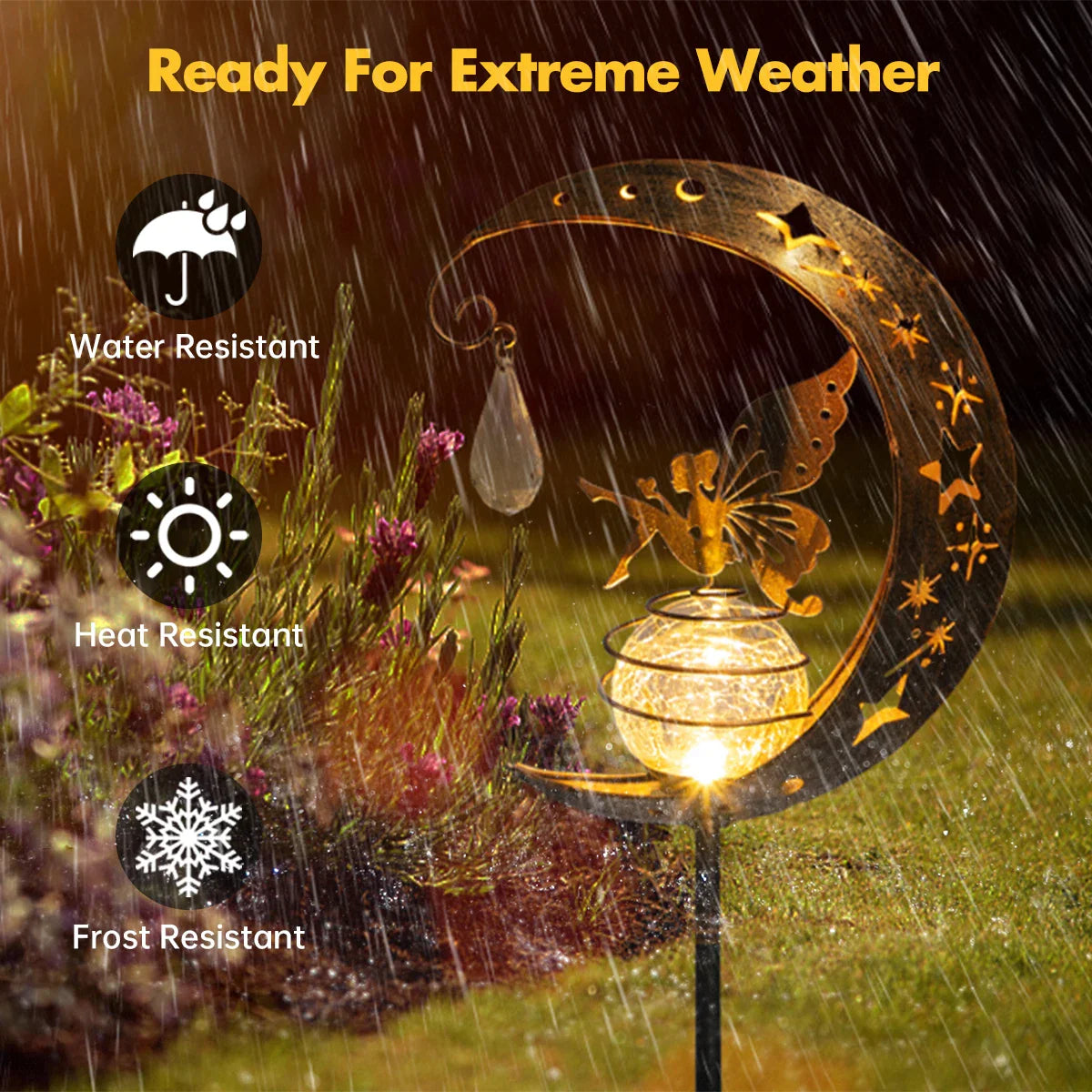 Norvo | Lunafeya Solarium Lys med Måne & Fe | Sprukket Glass Kule | IP55 Vannavvisende | Romantisk Dekor for Sti & Bed