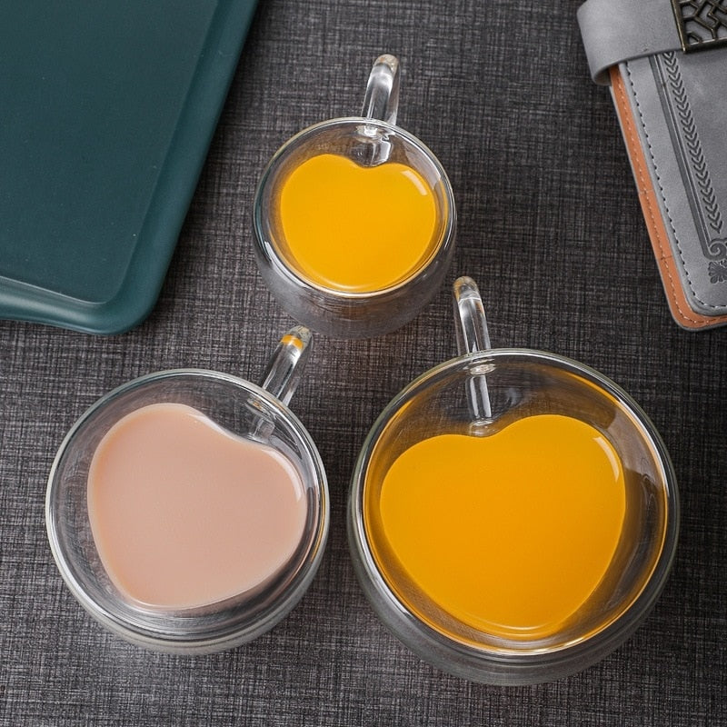 Norvo | Hjerte Kjærlighet Form Glass Krus Dobbeltveggede Kaffe Kopper Isolerte Te Melk Sitron Juice Vann Kop Varmeresistent Drikkeutstyr Elske Gave