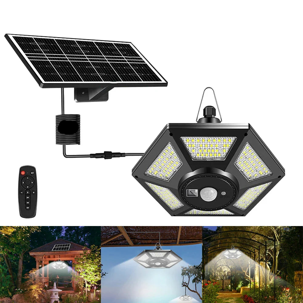 Norvo | SolarHalo | 228 LED Soltaklampe | 360° Lysvinkel | Med Fjernkontroll & Bevegelsessensor | 4400mAh Batteri