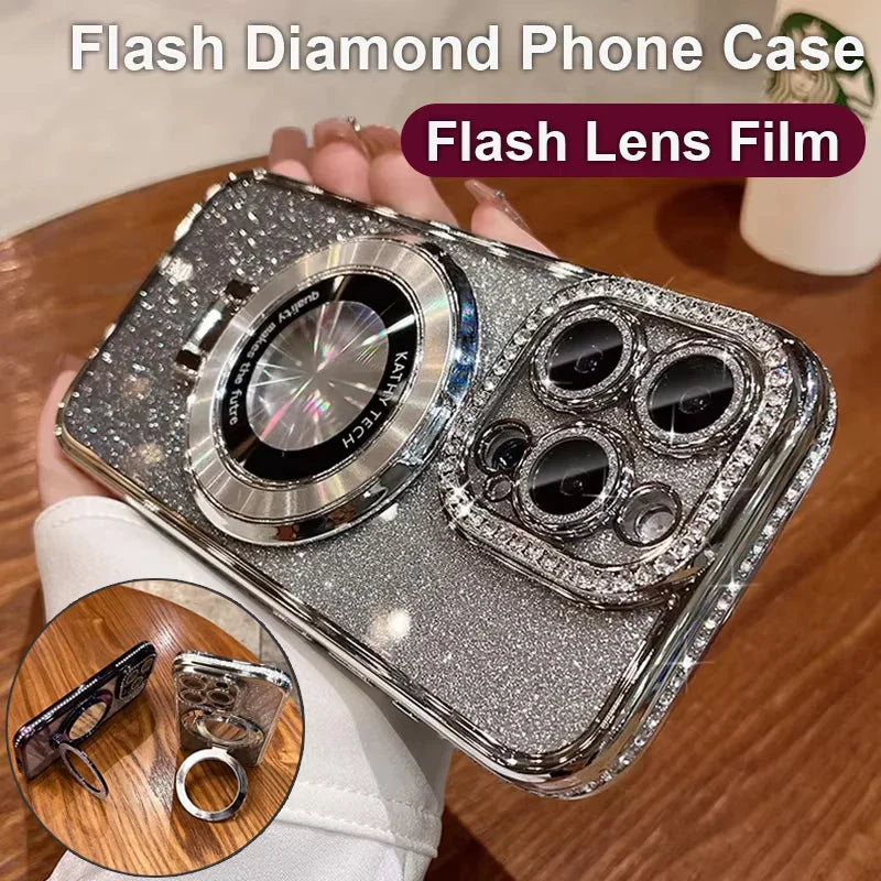 Luksus MagSafe Glitter Bling Belteveske med Ring Holder Stativ for iPhone 16 ProMax 15 11 12 13 14 Plus Diamant Trådløs Lading Silikon Deksel