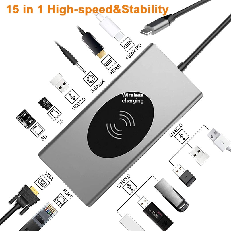 Norvo | 15i1 USB-C Trådløs Lading Docking Stasjon