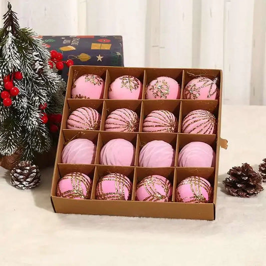 Flocking Juletrær Ornamenter - Vinrøde og Mørkegrønne Kuler for Høytidsfestdekor, Rosa Julekul Pendant 16PCS 6cm (2.3 tommer)