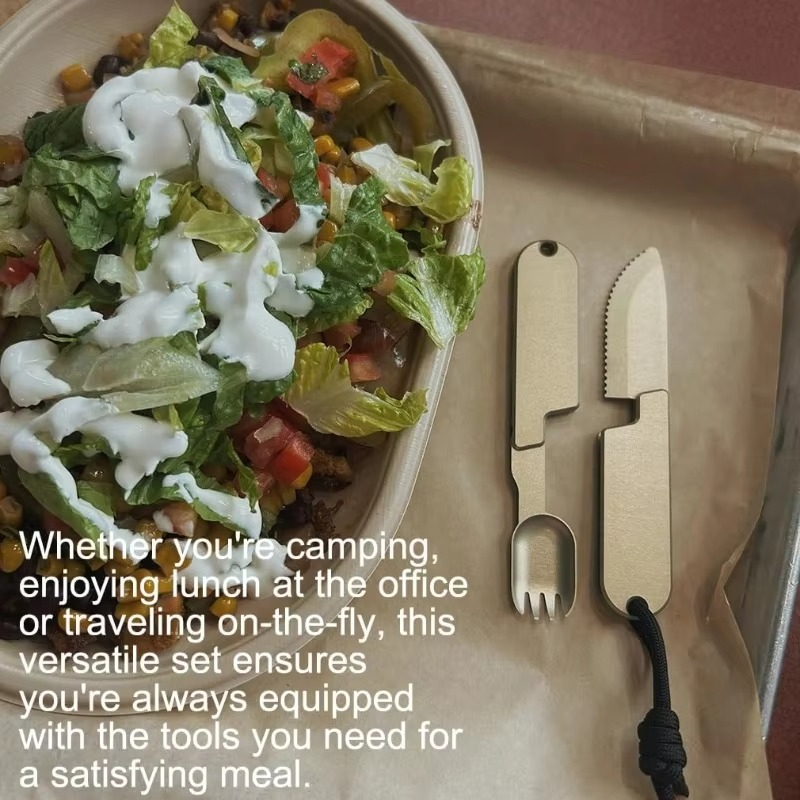 Norvo | Kompakt 2-i-1 Camping Bestikk Sett - Avtakbar Kniv og Gaffel, Ideell for Reiser