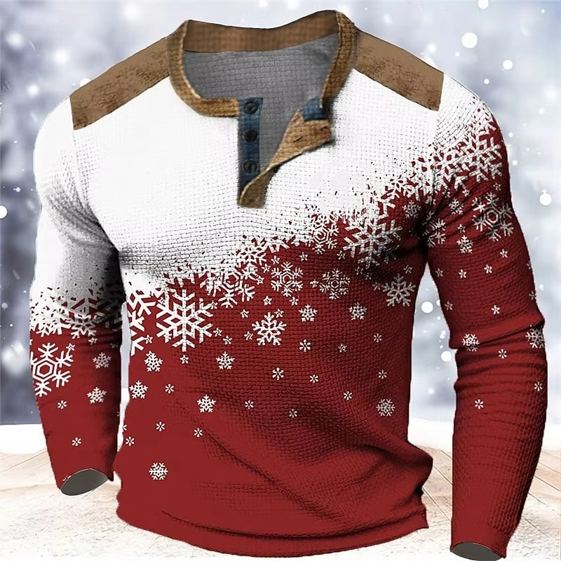 Norvo | Christmas Snøfnugg Gradient 3D Print Henley Skjorte for Menn