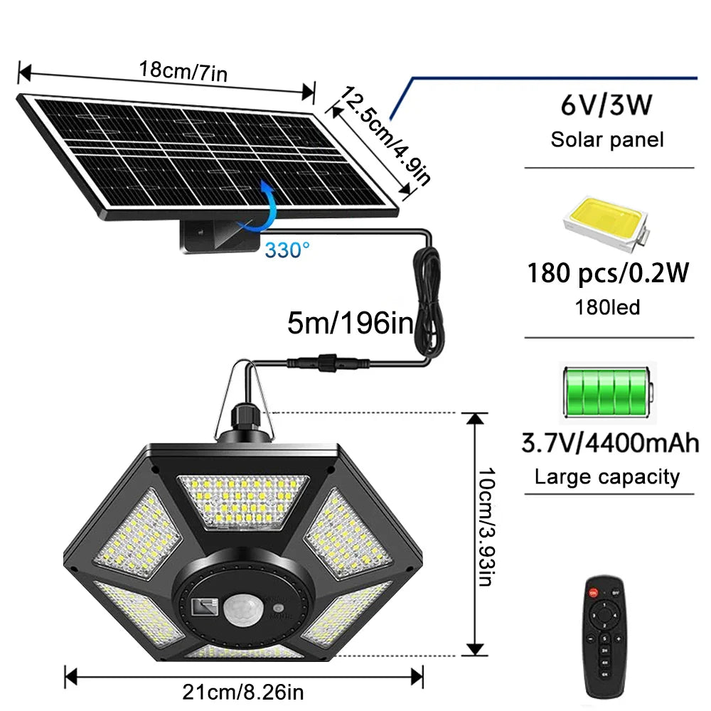 Norvo | SolarHalo | 228 LED Soltaklampe | 360° Lysvinkel | Med Fjernkontroll & Bevegelsessensor | 4400mAh Batteri