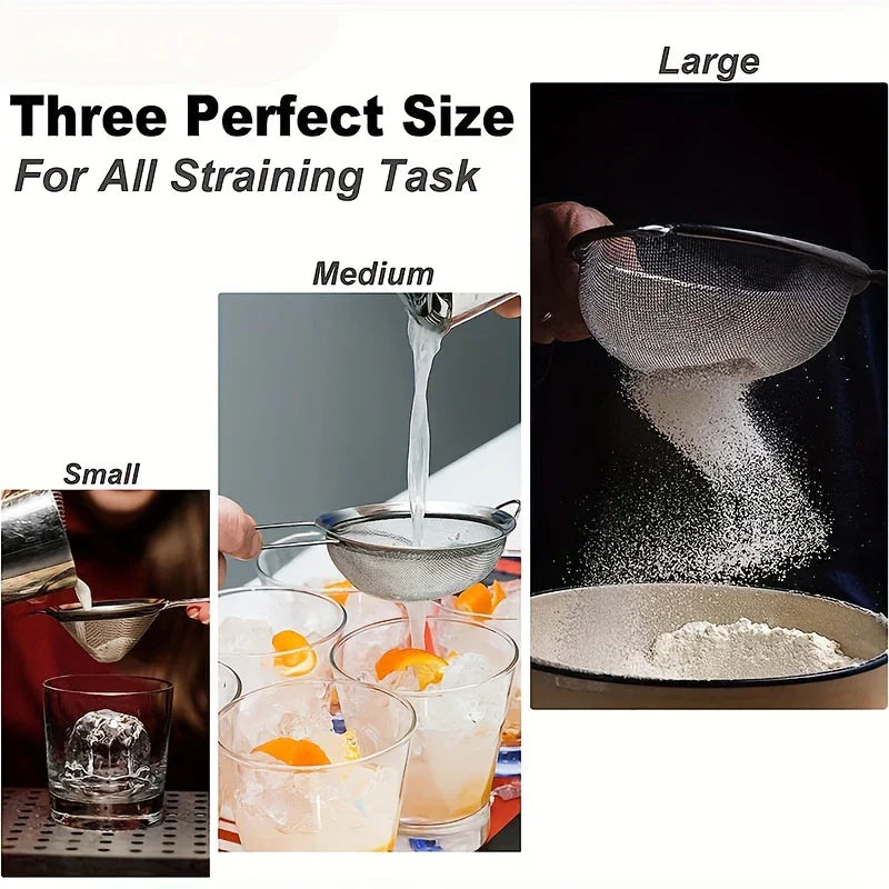 Norvo | Rustfritt Stål Kjøkken Sil Sett ProSift MeshLine | 3-delt | Fin sil for mel, juice, soyamelk & pasta | 8/10/14 cm diameter