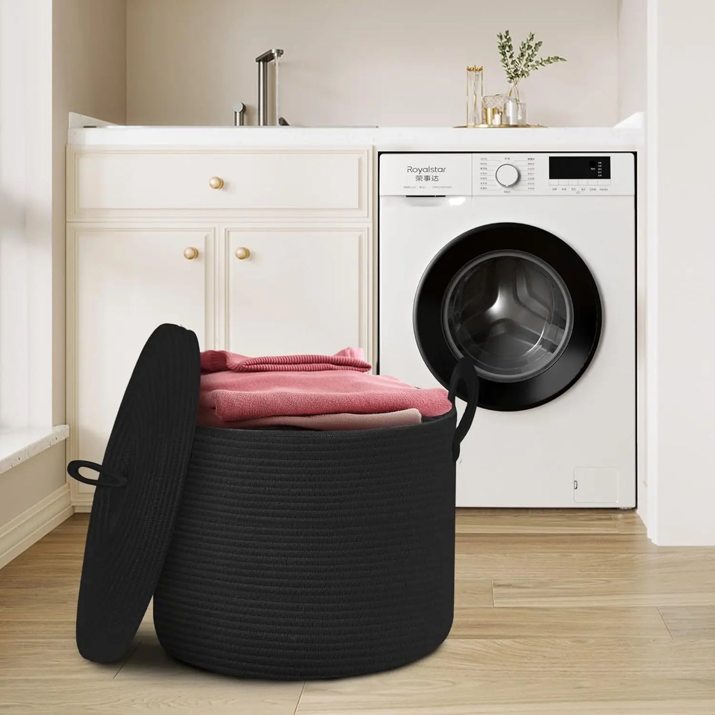 Frendorf | Stor svart bomull tau oppbevaringskurv med lokk – Selwyn