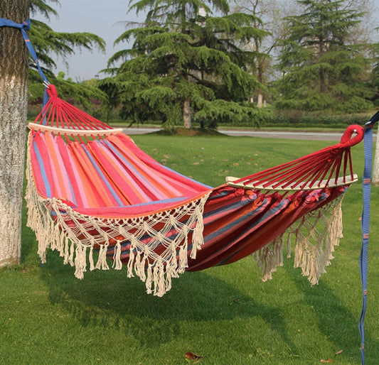 Norvo | 200x150cm Dobbel Utendørs Camping Pompong Lærred Hengekøye med Stang (Rosa Striper)