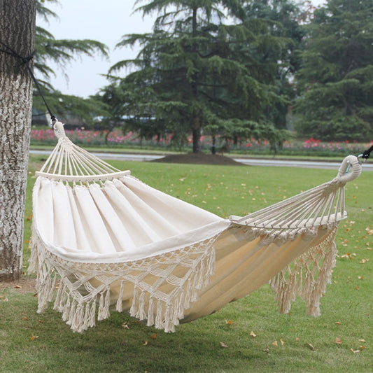 Norvo | 200x150cm Dobbel Utendørs Camping Fringed Canvas Hengekøye med Stang (Hvit)
