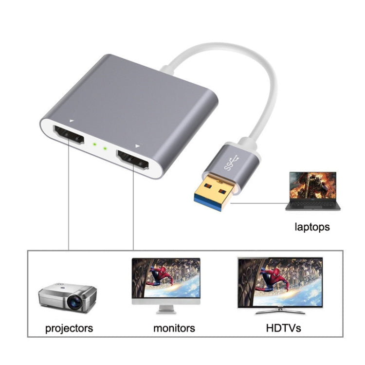 Norvo | USB 3.0 til Dual HDMI Høyoppløsningskonverter 4K USB Samme skjermforlengelse (Grå)