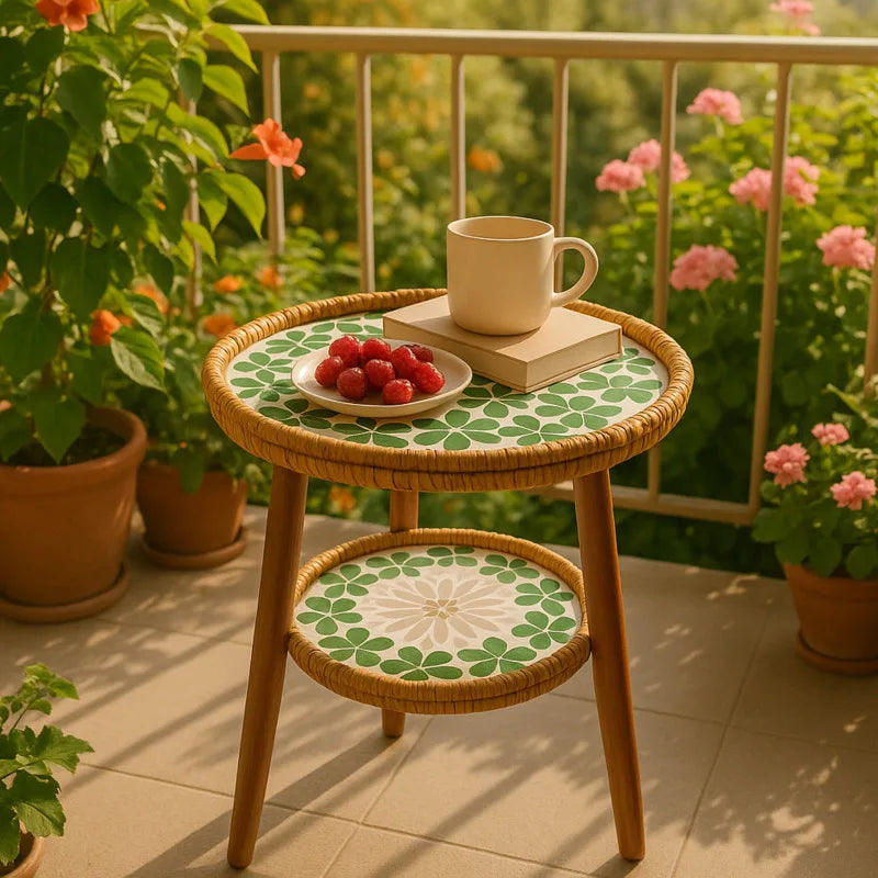 Norvo | Dobbel Sidebord med Kunstnerisk Mosaikkmønster - Rattan & Tre