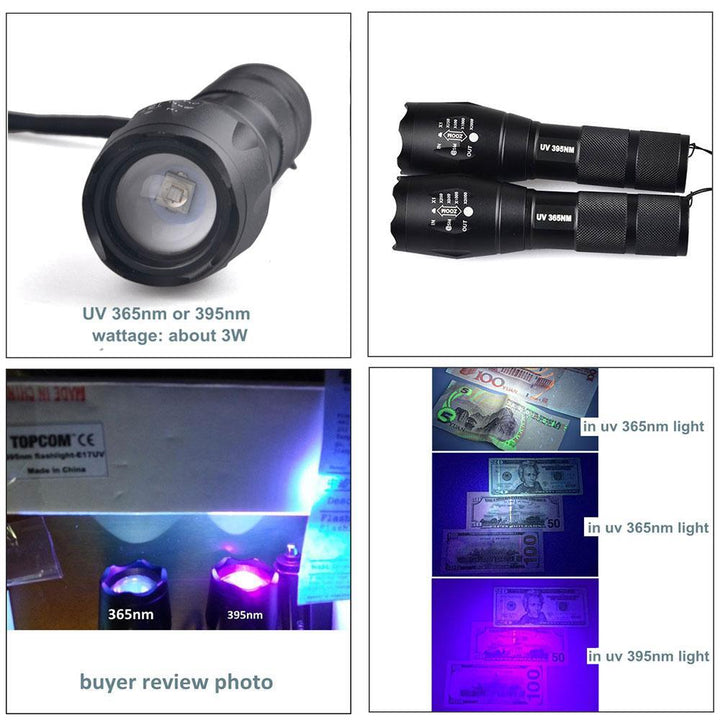 Norvo | IcoolGadget Ultrafiolett 365nM 395nM 4W Kraft LED Aluminium Zoom UV lommelykt lampe Svart lys Fakkel