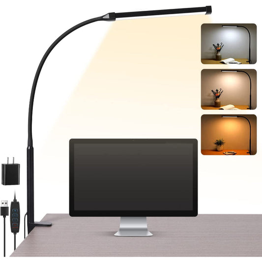 Norvo | LED Skrivebordslampe - Øyevennlig Skrivebordslampe med Klemme, Fleksibel Svingarm, 3 Moduser, 10 Lysnivåer, USB Adapter