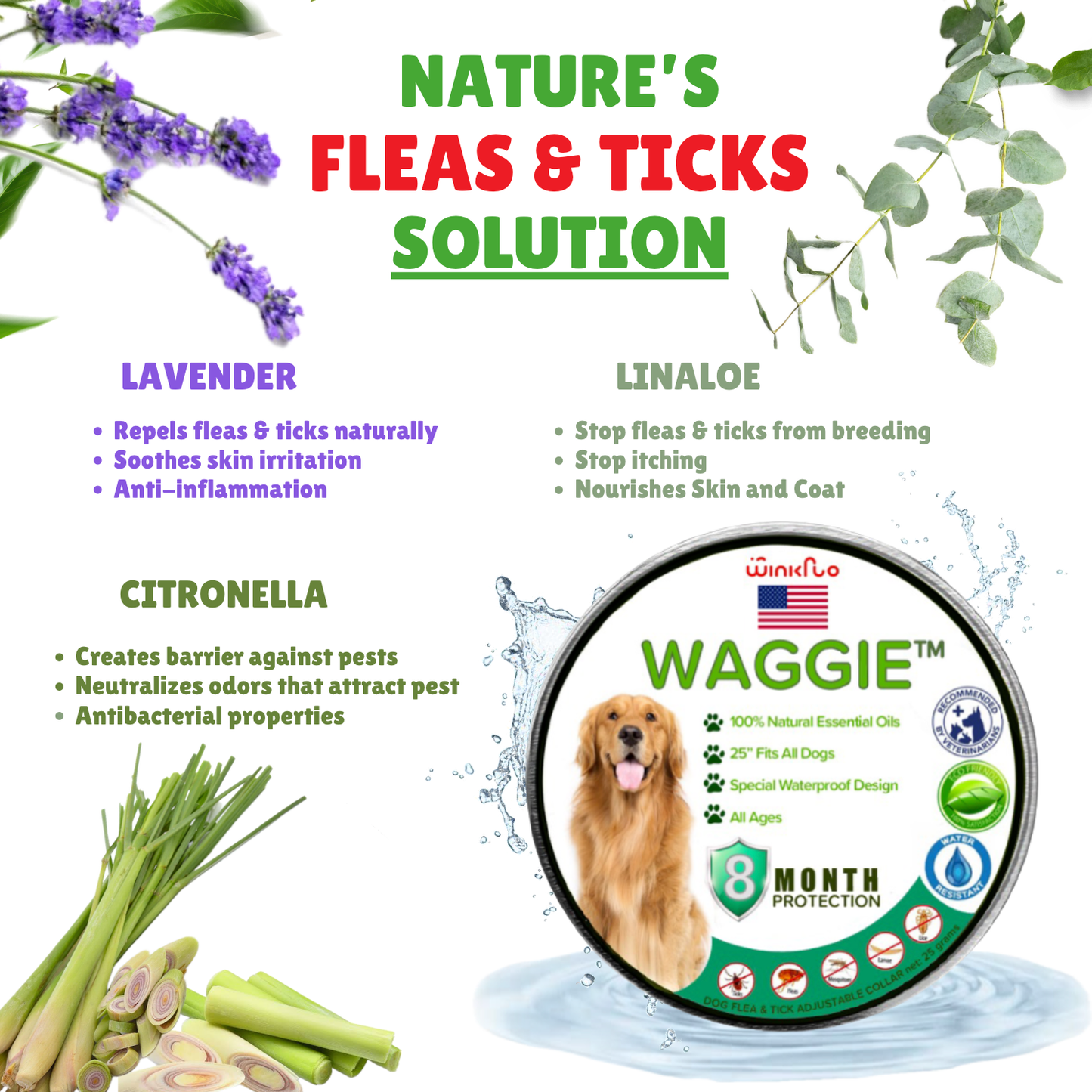 Norvo | Waggie - Naturlig Anti-Lopper, Flått, & Mygghalsbånd (Sikrest 8+ Måneder Beskyttelse)