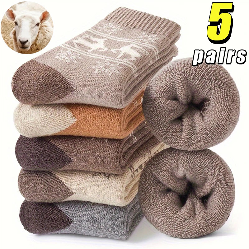 Norvo | Vinterull Sokker for Damer – Varme Strikkede Sokker med Elgtrykk (5 Par)