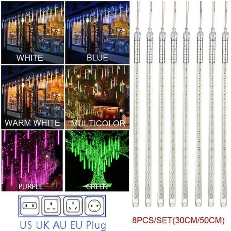 Norvo | Luminex Meteorregn LED Lyskjeder – Vanntett Utendørsbelysning med 8 Rør, 30/50 cm, Flerfarget for Fest & Hage