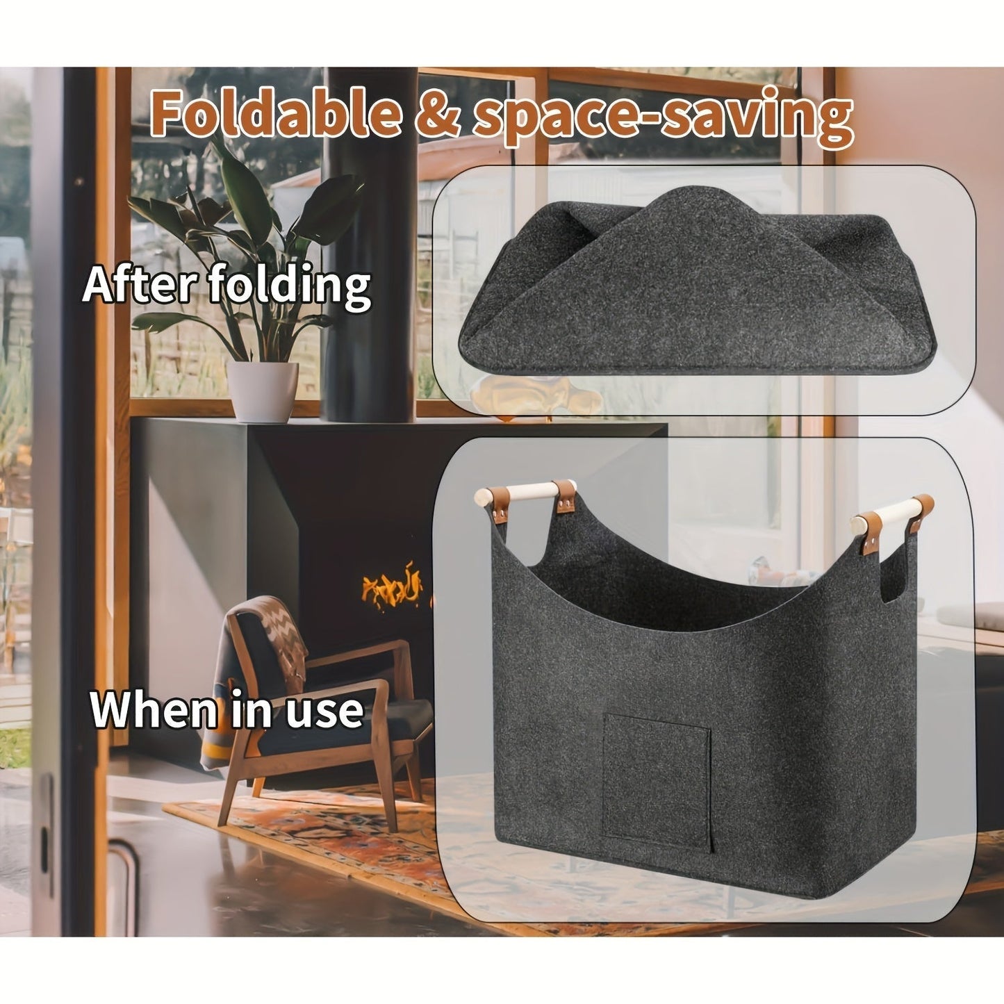 Norvo | Feldura Faltbar Filttre Holder 55 liter med Trehåndtak og Lærdetaljer, Mørk Grå