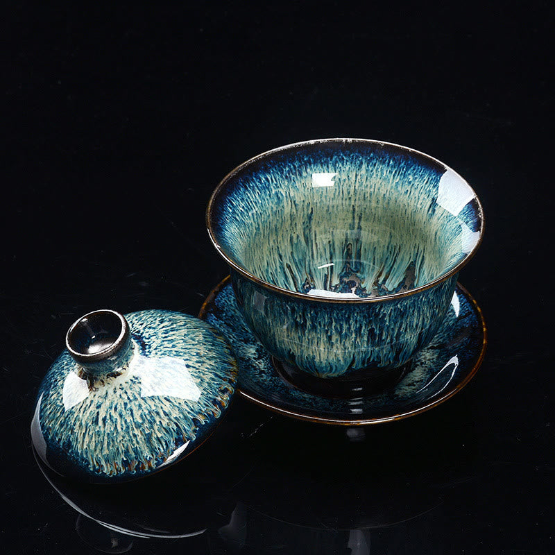 Norvo | Vintage Brennovn Keramisk Gaiwan Sancai Tekopp Tekopp og Tallerken med Lokk