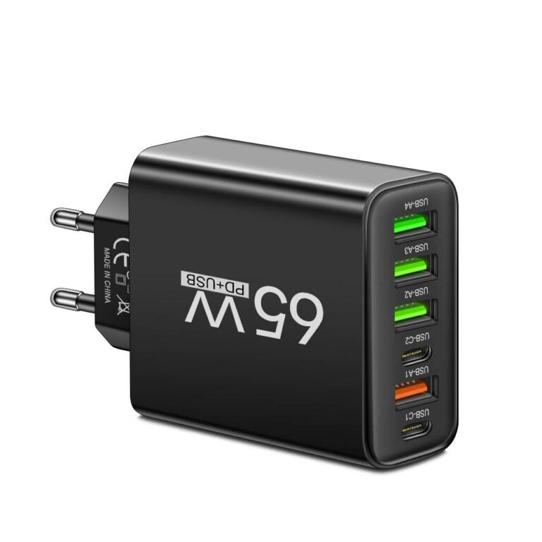 Norvo | PowerMax 65W 6-i-1 Hurtiglader – Lader opptil 6 enheter samtidig – Ideell for hjem, kontor og reise