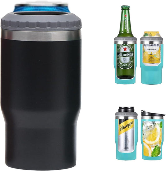 Norvo | 4 i 1 rustfritt stål boks/flaske isolator, 14Oz toveis lokk SUS isolert boks kjøler, ølboksholder (Svart)