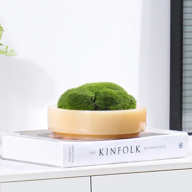 Norvo | Naturlig Marmorstein Mose Blomsterpotte - Luksuriøs Rund Skrivebord Planteboks