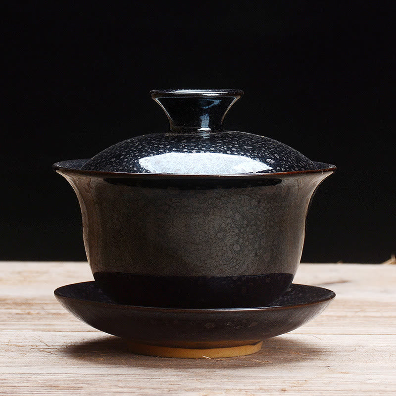 Norvo | Vintage Brennovn Keramisk Gaiwan Sancai Tekopp Tekopp og Tallerken med Lokk