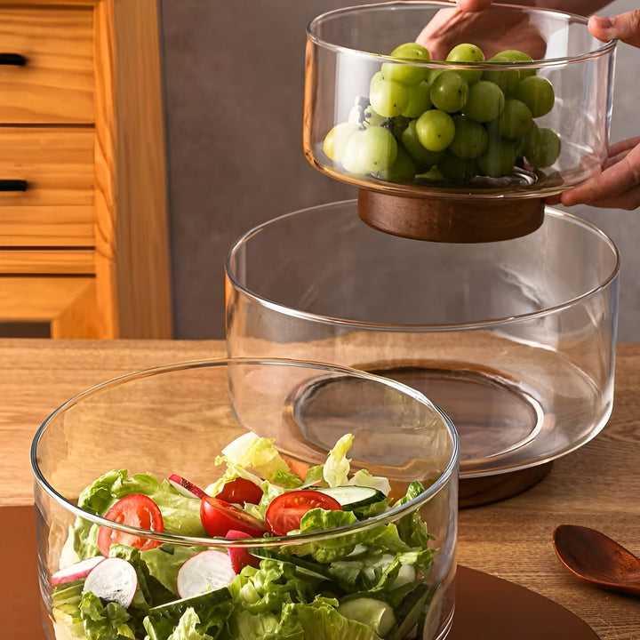 Glasskål med trebase – Elegant og dekorativ | Perfekt for frukt, snacks og salater på kjøkkenet | Norvo