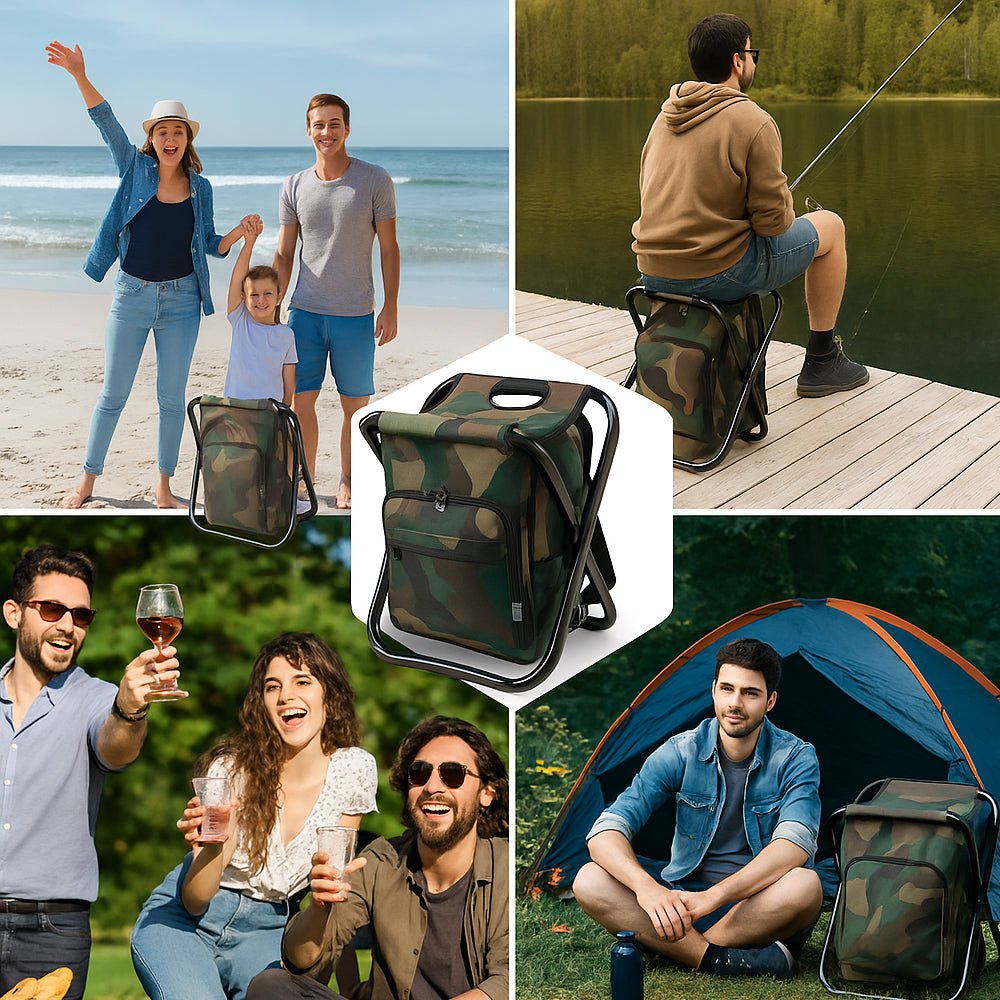Norvo | Camochair Pack – 3-i-1 Ryggsekk, Kjøler & Sammenleggbart Stol for Utendørs Eventyr