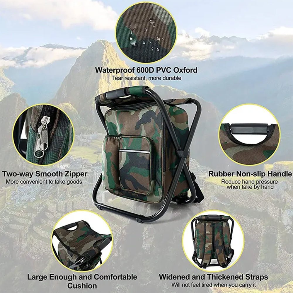 Norvo | Camochair Pack – 3-i-1 Ryggsekk, Kjøler & Sammenleggbart Stol for Utendørs Eventyr