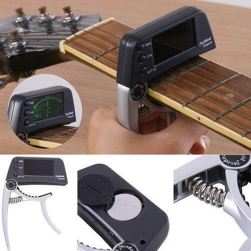 Norvo | Capo & Tuner "TuneGrip" – 2-i-1 gitar tilbehør med LCD-skjerm