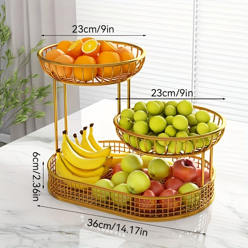 Norvo | Elegant Multi-Tier Metal Fruit Basket - Golden Wire Oval Design | Perfect for Snacks, Cakes & Desserts | Ideal for Easter, Thanksgiving, Christmas Utendørsfeiringer, Utendørs Spise Tilbehør|Multitier Design|Robust Struktur, Frukt Dekor