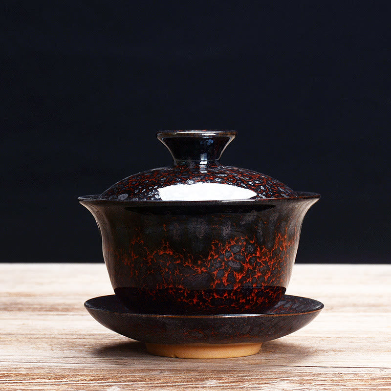Norvo | Vintage Brennovn Keramisk Gaiwan Sancai Tekopp Tekopp og Tallerken med Lokk