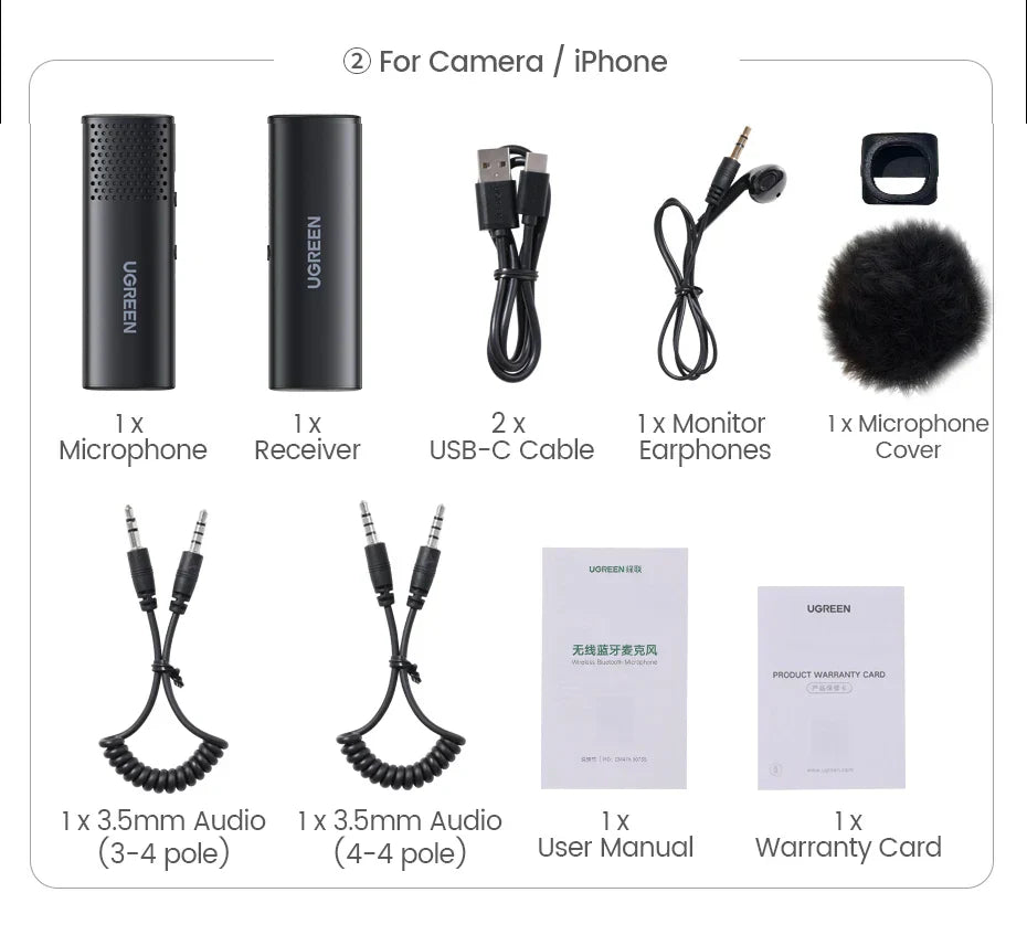 UGREEN Trådløs Bluetooth Mikrofon - Støyreduksjon Bluetooth Mikrofon for Kamera og Videoinnspilling