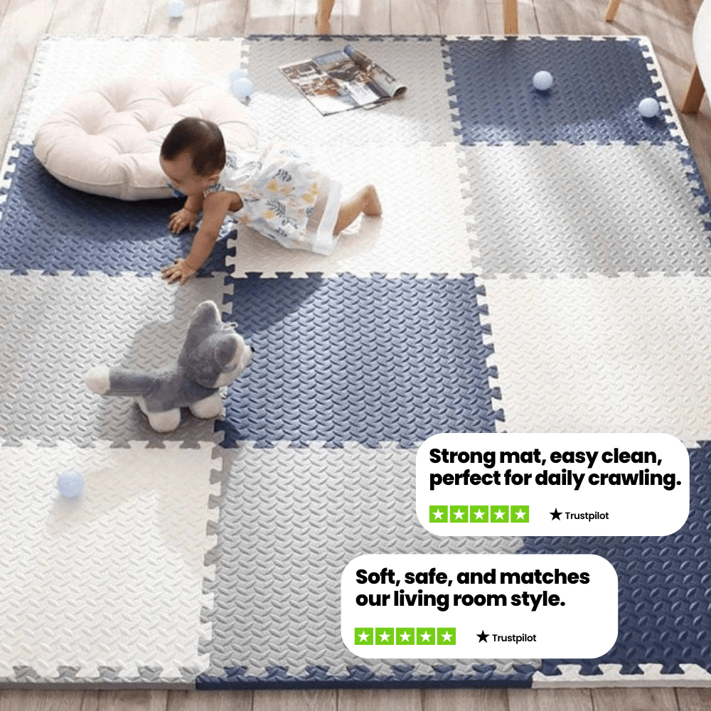 Norvo | Cushioplay Baby Mat – Myk leke matte med 12 puslespillbiter – Støtdempende og giftfri for krabbing og leketime