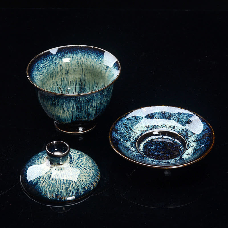 Norvo | Vintage Brennovn Keramisk Gaiwan Sancai Tekopp Tekopp og Tallerken med Lokk