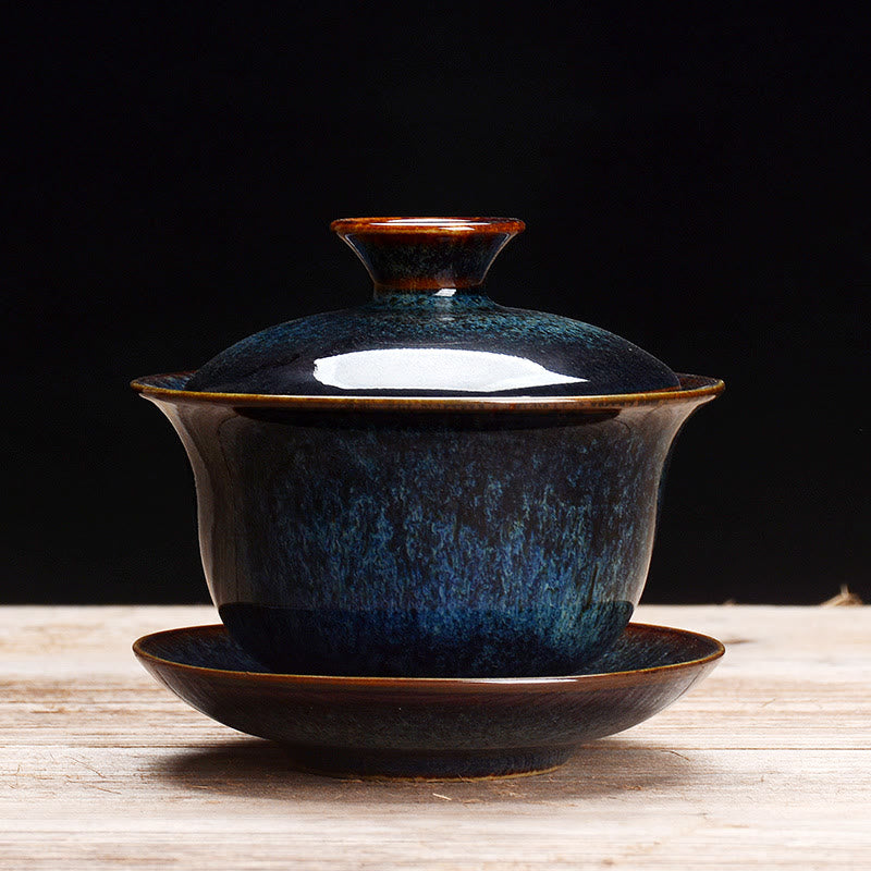 Norvo | Vintage Brennovn Keramisk Gaiwan Sancai Tekopp Tekopp og Tallerken med Lokk
