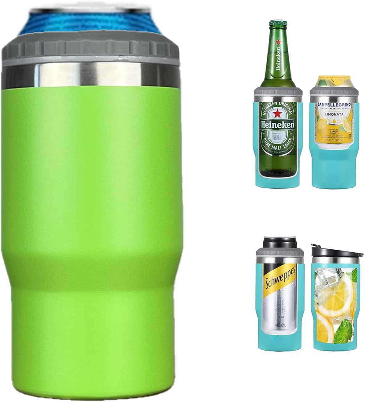Norvo | 4 i 1 rustfritt stål boks/flaske isolator, 14Oz toveis lokk SUS isolert boks kjøler, ølboksholder (Svart)