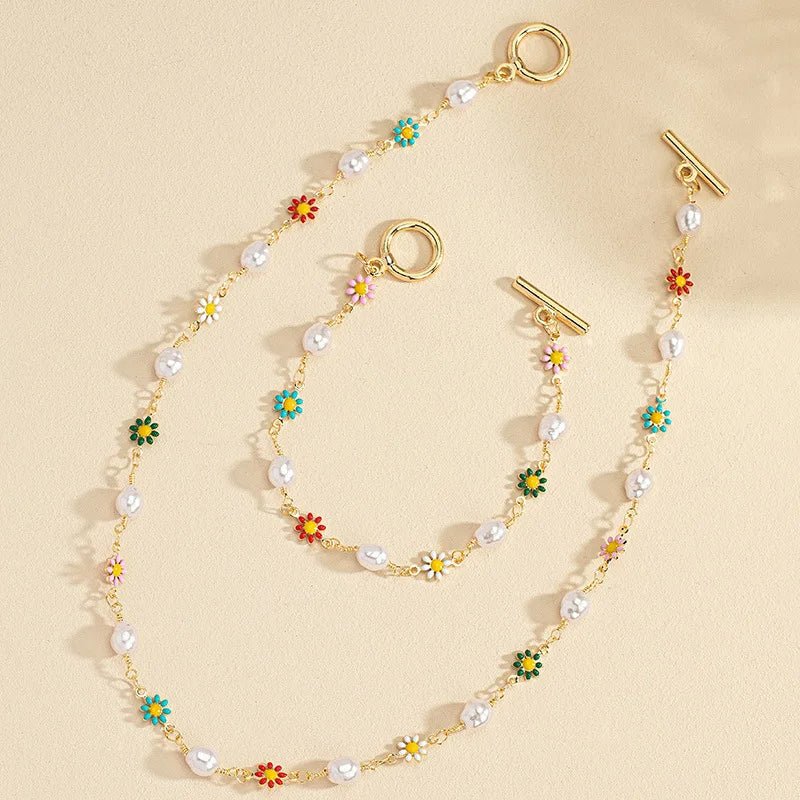 Norvo | Delikat Vår Blomster Perle Armbånd og Halskjede Sett