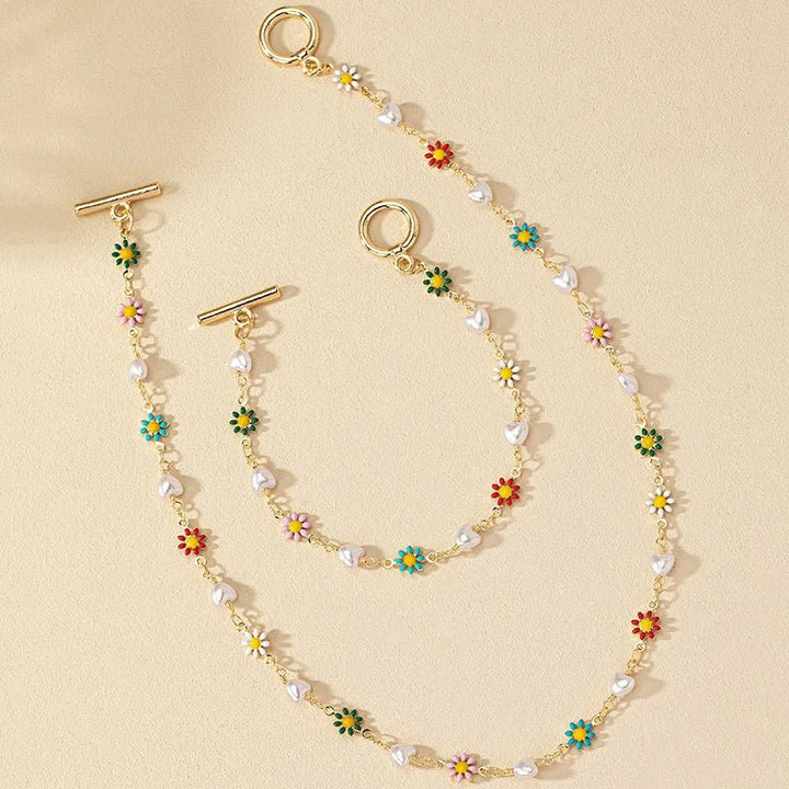 Norvo | Delikat Vår Blomster Perle Armbånd og Halskjede Sett