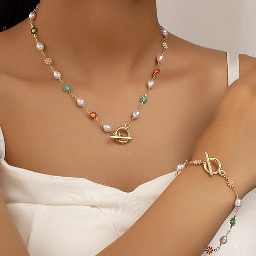 Norvo | Delikat Vår Blomster Perle Armbånd og Halskjede Sett