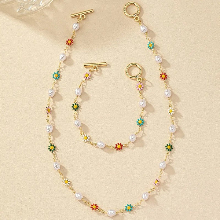 Norvo | Delikat Vår Blomster Perle Armbånd og Halskjede Sett
