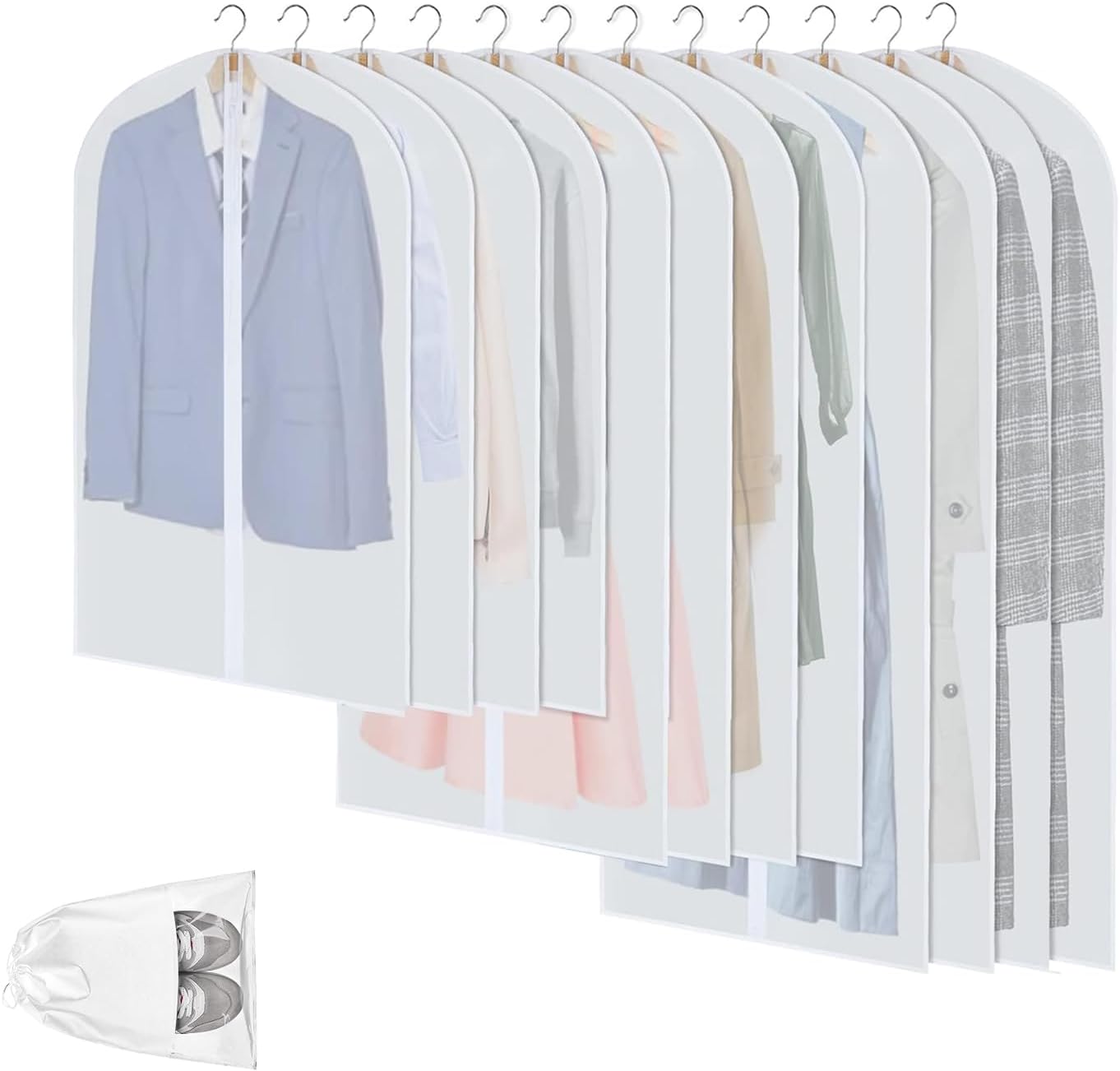 Frendorf | Klare PEVA Klesoppbevaringsposer – 12 Pakke Støvtette Klærbeskyttere – 1+1 GRATIS