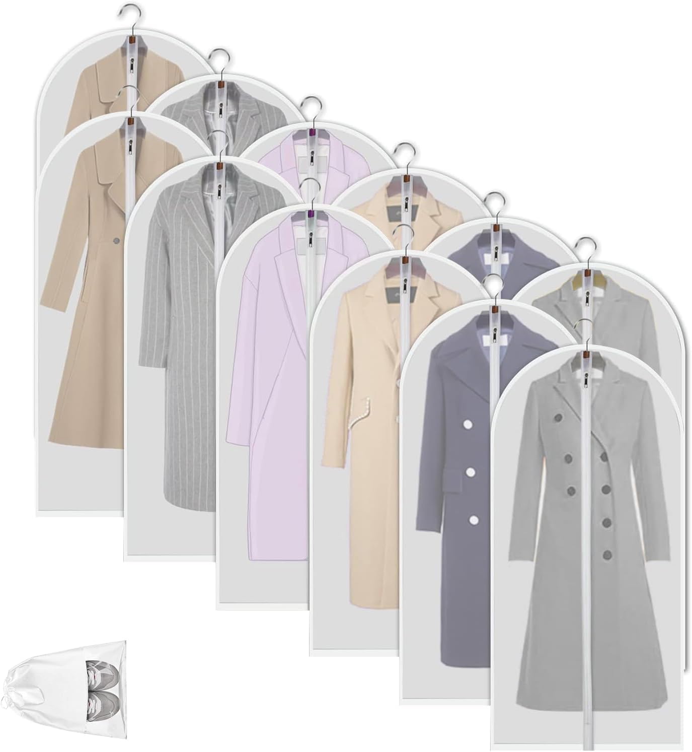 Frendorf | Klare PEVA Klesoppbevaringsposer – 12 Pakke Støvtette Klærbeskyttere – 1+1 GRATIS